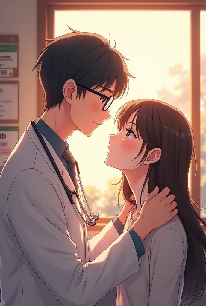 Generates a doctor examining the head of his patient who is a woman wearing beige clothes, where they look at each other romantically and smile at each other.  That the image has an anime theme.