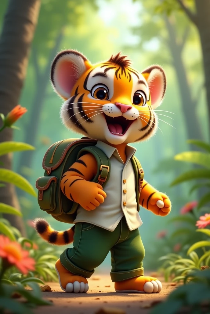 Excited baby tiger with backpack, long green pants and white button-down shirt