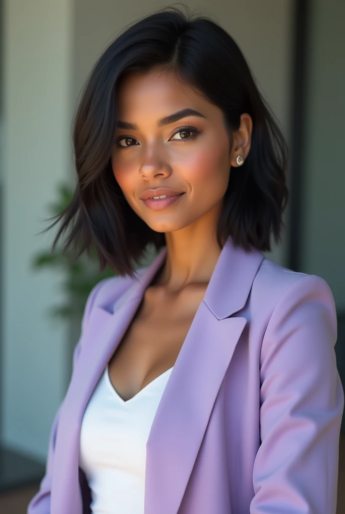 Create an image of a 25-year-old businesswoman,thin black eyes, short straight black hair she is wearing a businesswoman outfit,light purple blazer ,brown skin color, she is latina and needs to be a profile picture,This woman is in an empowered pose , in profile but front photo showing the face and with very realistic features