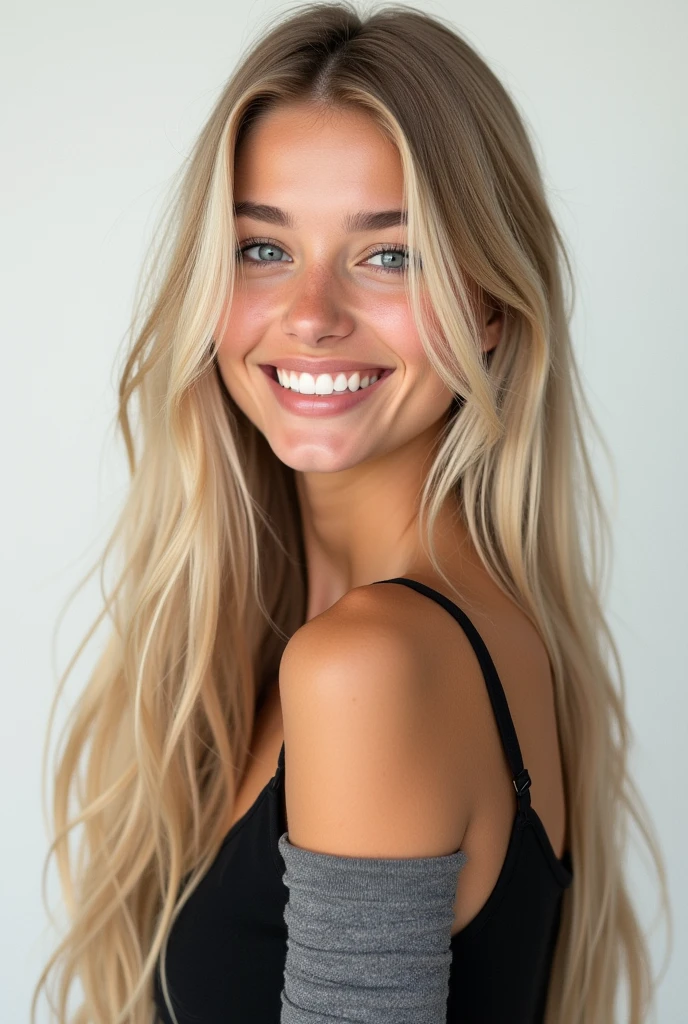 Belle fille de 20 ans, realistic, long hair, blond clair, blue eye, souriante, dent blanche, smooth hair, très realistic, cheveux très très plat, robe noir, chaussettes grises, sur fond png, mega realiste