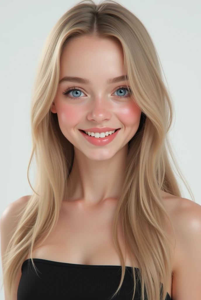 Belle fille de 20 ans, realistic, long hair, blond clair, blue eye, souriante, dent blanche, smooth hair, très realistic, cheveux très très plat, robe noir, chaussettes grises, sur fond png, mega realiste