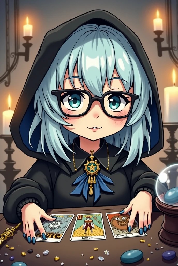 Tarot Cards,fortune teller,Fortune telling room、Black-rimmed glasses,nail art,Mysterious smile,Light blue hair、