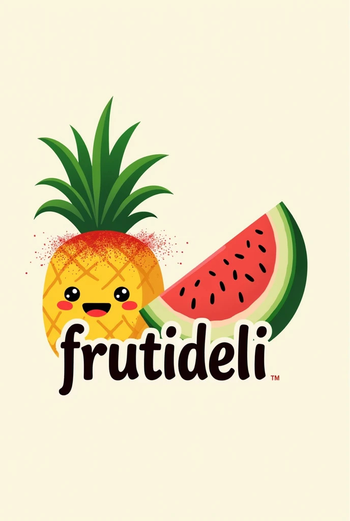 Create a logo with the name FrutiDeli with a pineapple and a watermelon with chamoy and tajin that says FrutiDeli in the middle without faces on the fruits