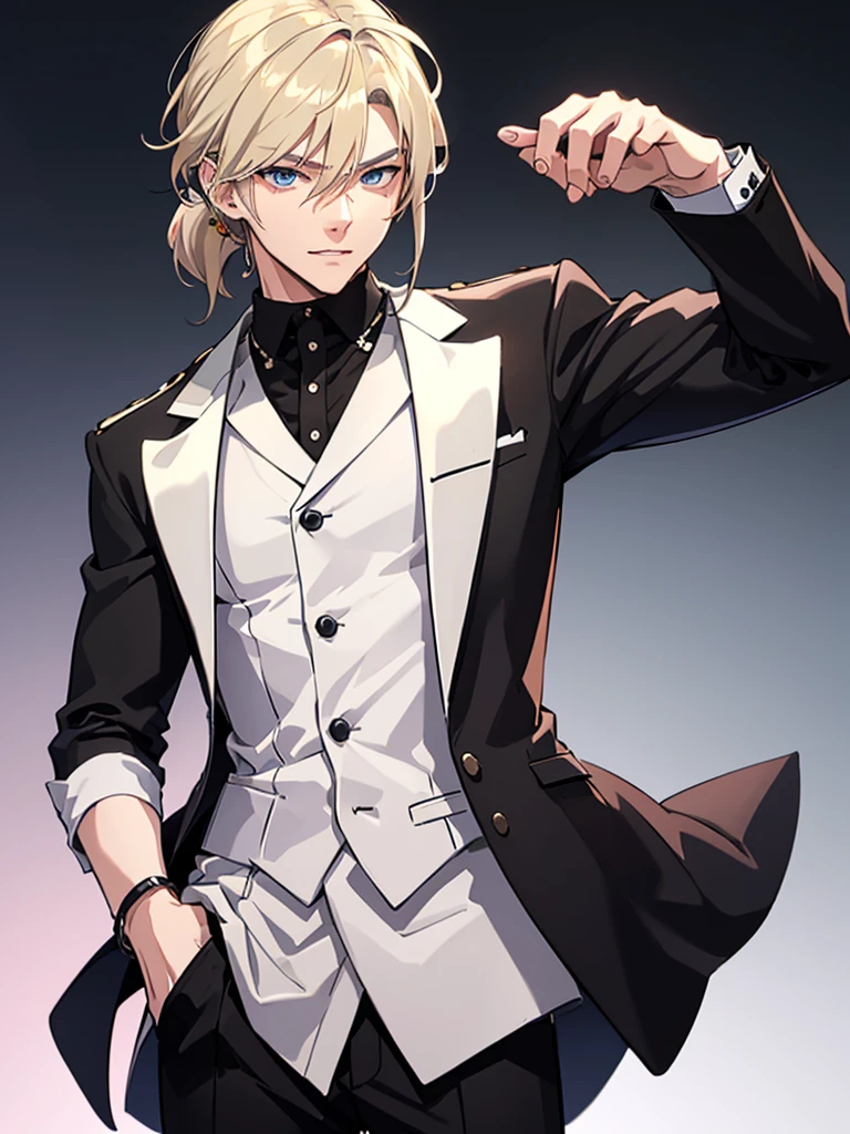 Anime attractive man, 20 year old, blonde hair, very very short ponytail, tall, muscular, black suit, silver lining, formal clothes, solo, one person, high resolution, high quality, masterpiece, masculine face, smirk, Rolled up sleeves