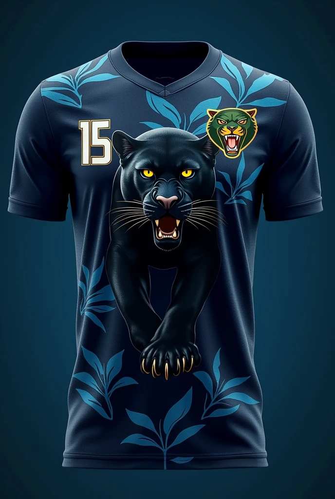 Dark blue football shirt Light blue leaf details A black panther with gold details on the front In the upper right part a number 15 in white In the upper left part head of a small panther in green and yellow 