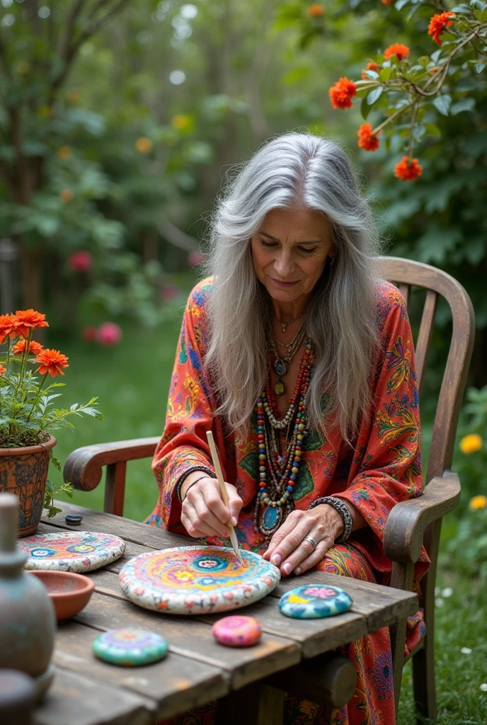 67 year old bohemian and hippie woman painting on rocks in her garden