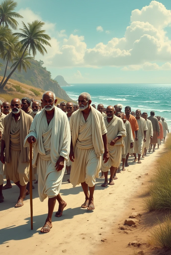 Salt March (1930):** Mahatma Gandhi leading a group of followers on the famous Dandi March, walking along a coastal road, holding a stick, with the ocean visible in the background, representing civil disobedience against British rule.