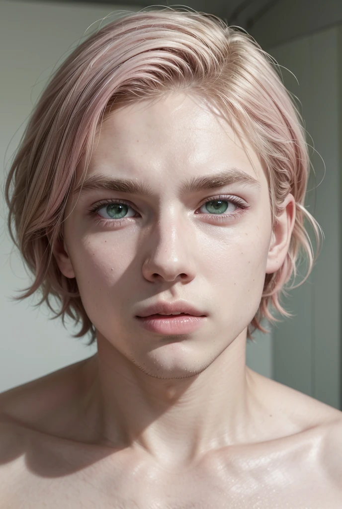 create an image young white and athletic, his eyes are green, his hair is pink, straight and short, his face is round and beautiful, his eyes are sexy and bright, his lips are thick, he has an Italian nose, his cheekbones faces are well defined and smooth, their skin glows, they are chained
