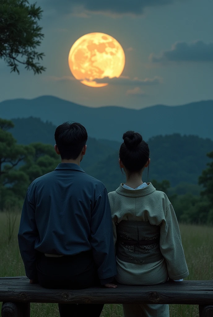 (((back view of a man and a woman sitting on a bench:1.5)))、of the highest quality、masterpiece、Ishikawa、I hate the moon、Meiji period of Japan、wabi sabi art、Beautiful landscape painting、evening、evening、(((Two people sitting on a bench in a park at evening:1.2、Two people sitting on a bench)))、(((back view of man and woman、Two people standing very close together)))、back view、Beautiful back view、back view、Dark、full moonのevening、full moon、Night bank、Meiji era costumes、Romance Taisho、back view of two people、long shot、full body angle、dark lighting、Moonlight、