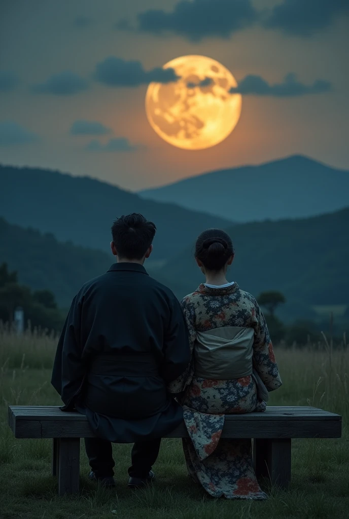 (((back view of a man and a woman sitting on a bench:1.5)))、of the highest quality、masterpiece、Ishikawa、I hate the moon、Meiji period of Japan、wabi sabi art、Beautiful landscape painting、evening、evening、(((Two people sitting on a bench in a park at evening:1.2、Two people sitting on a bench)))、(((back view of man and woman、Two people standing very close together)))、back view、Beautiful back view、back view、Dark、full moonのevening、full moon、Night bank、Meiji era costumes、Romance Taisho、back view of two people、long shot、full body angle、dark lighting、Moonlight、
