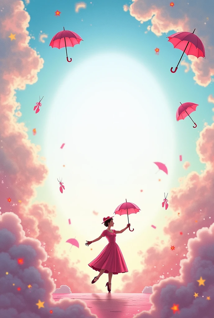 Create a colorful and cheerful invitation for a Mary Poppins themed ballet performance. Include elements such as umbrellas, ballet slippers and clouds. Leave a blank space to write the date, Time and place.