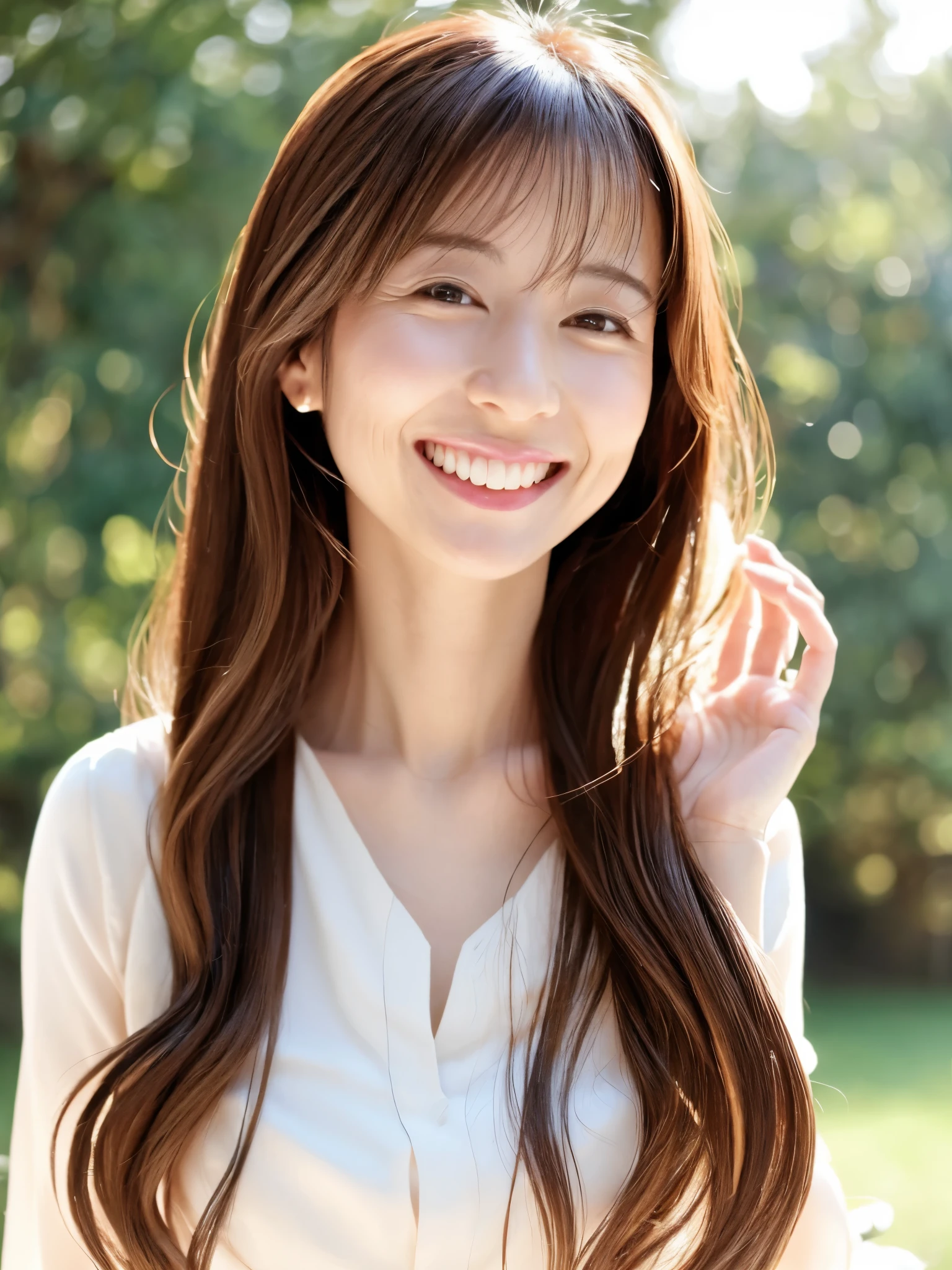 Slender Japan woman、long hair、30age、smile、wood々sunlight is shining between