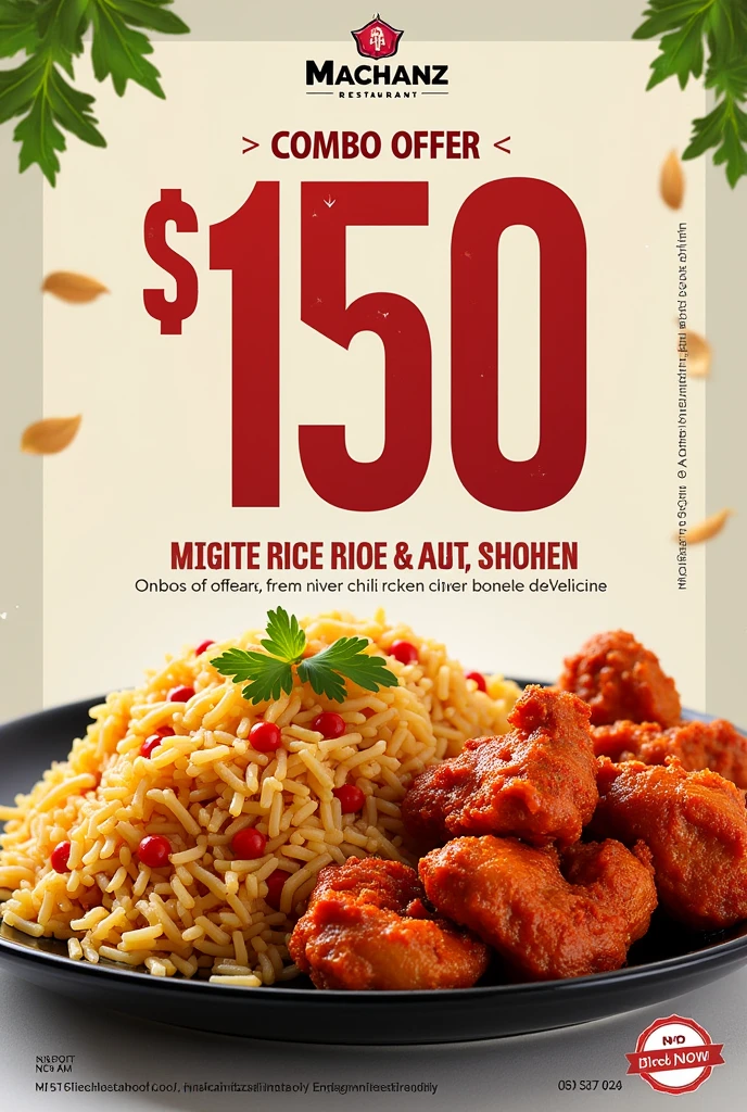 Fried rice and chilli chicken combo offer on a poster of just ₹150 with restaurant logo named “MACHANZ RESTAURANT”