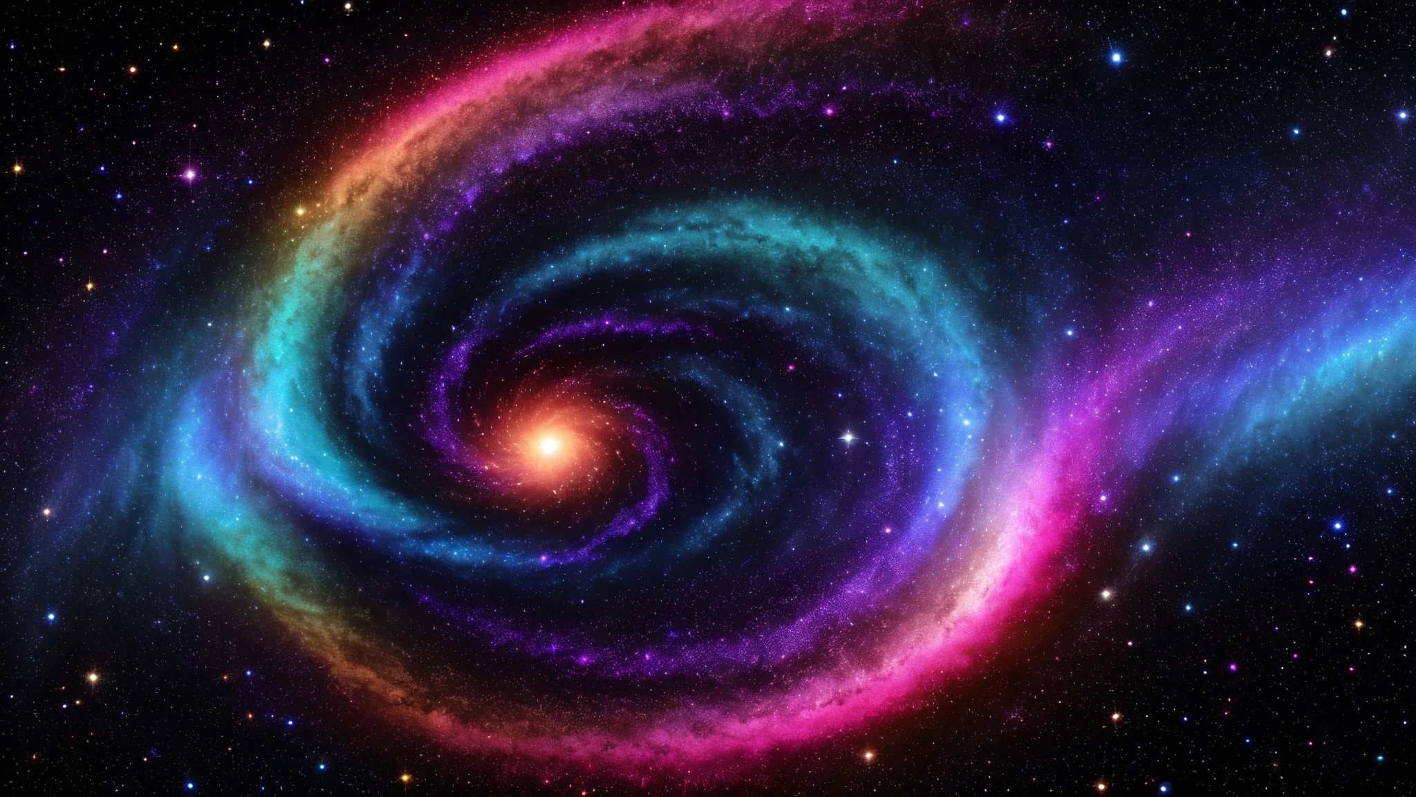 A vast expanse of the cosmos, where swirling clouds of cosmic dust intermingle with shimmering stars. Pockets of darkness contrast with bursts of light, creating a chaotic yet harmonious dance of energy and matter. Wisps of nebulous forms stretch across the void, their colors shifting between deep purples, iridescent blues, and flashes of gold. Shapes that defy definition emerge and dissolve, like fleeting thoughts in the mind of the universe. The scene is both infinite and intimate, a random, abstract composition that suggests the unknowable mysteries of space