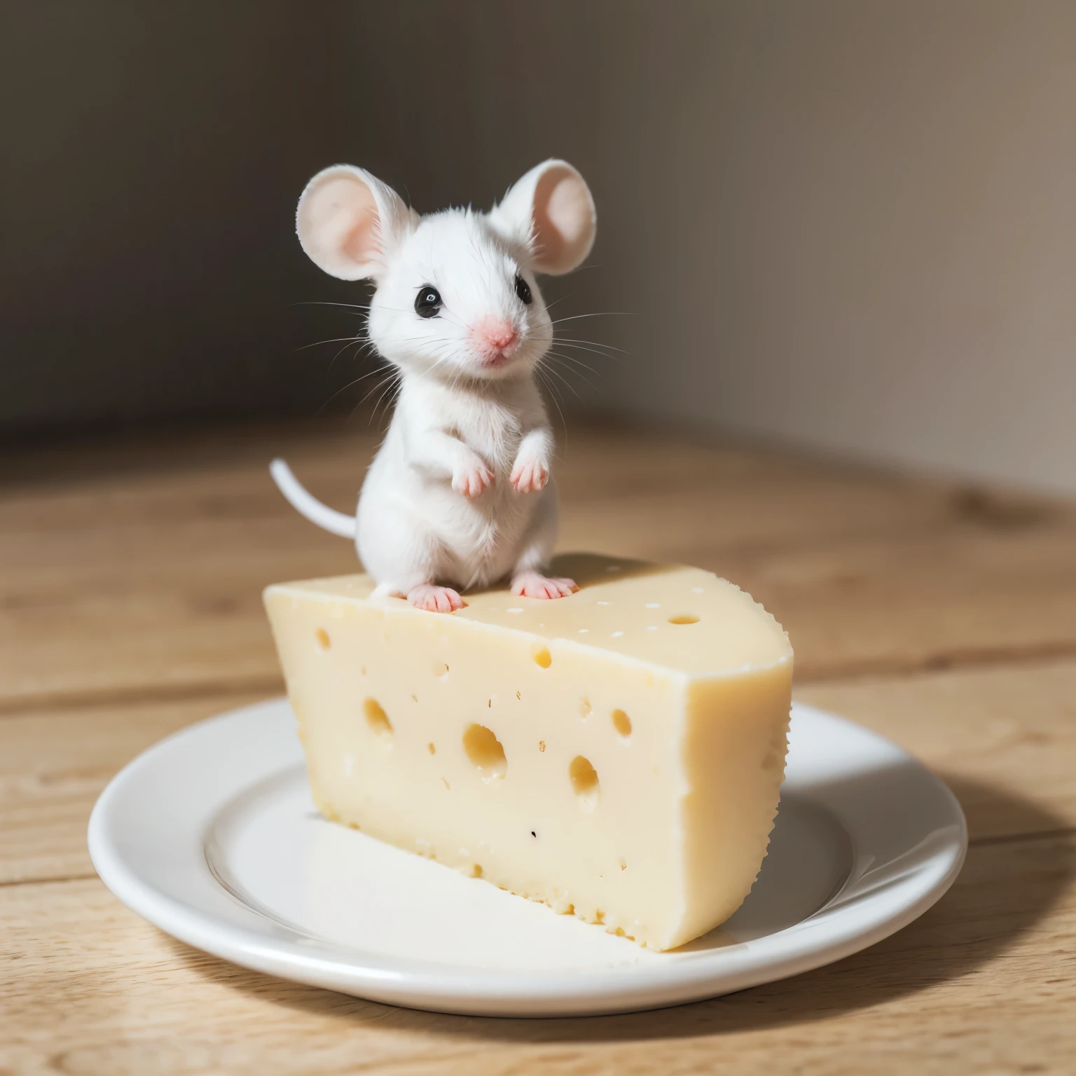 a very cute white little mouse sitting on a slice of cheese with holes in it. Very realistic and in solid colors