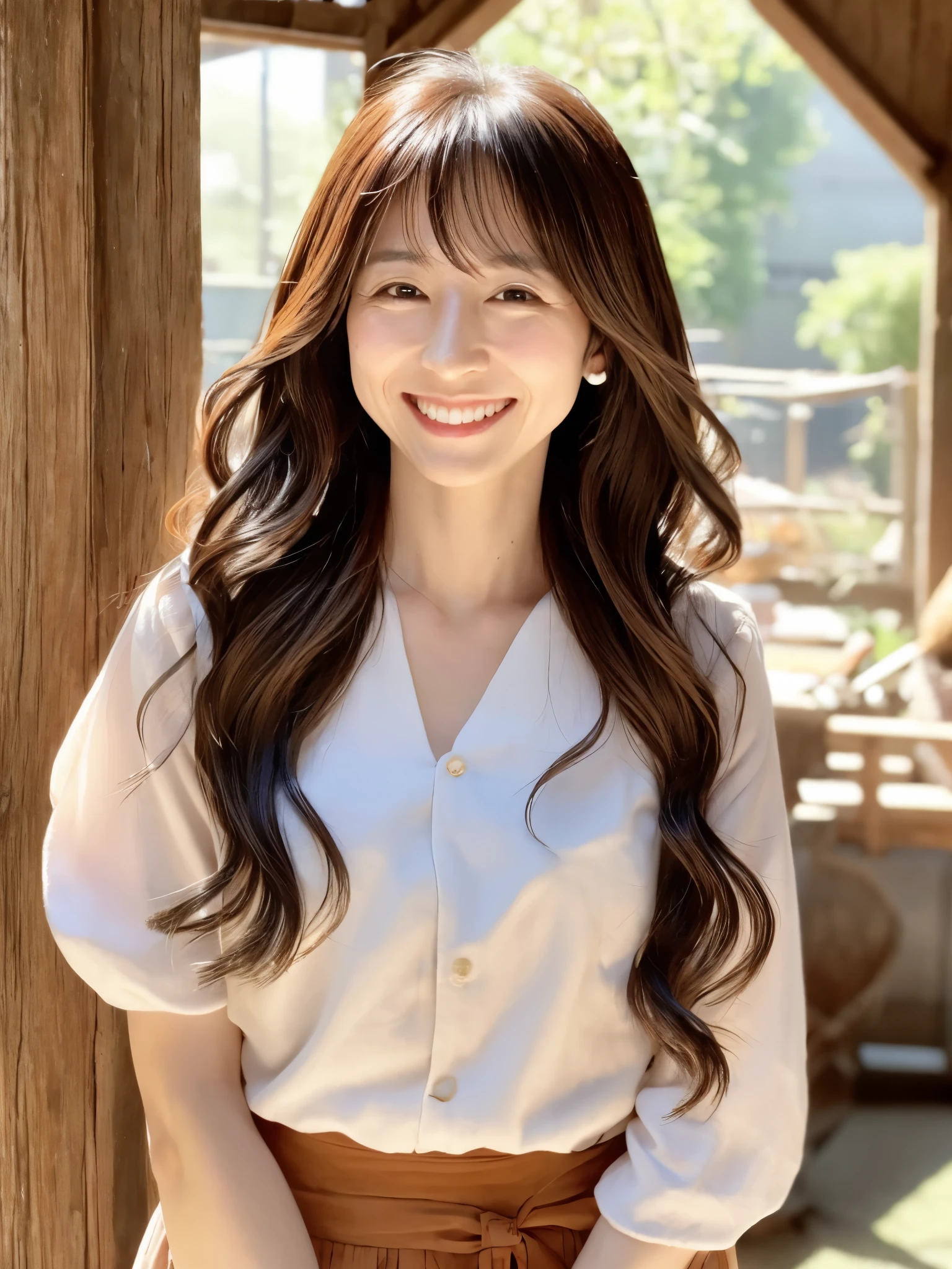 Slender Japan woman、long hair、30age、smile、wood々sunlight is shining between