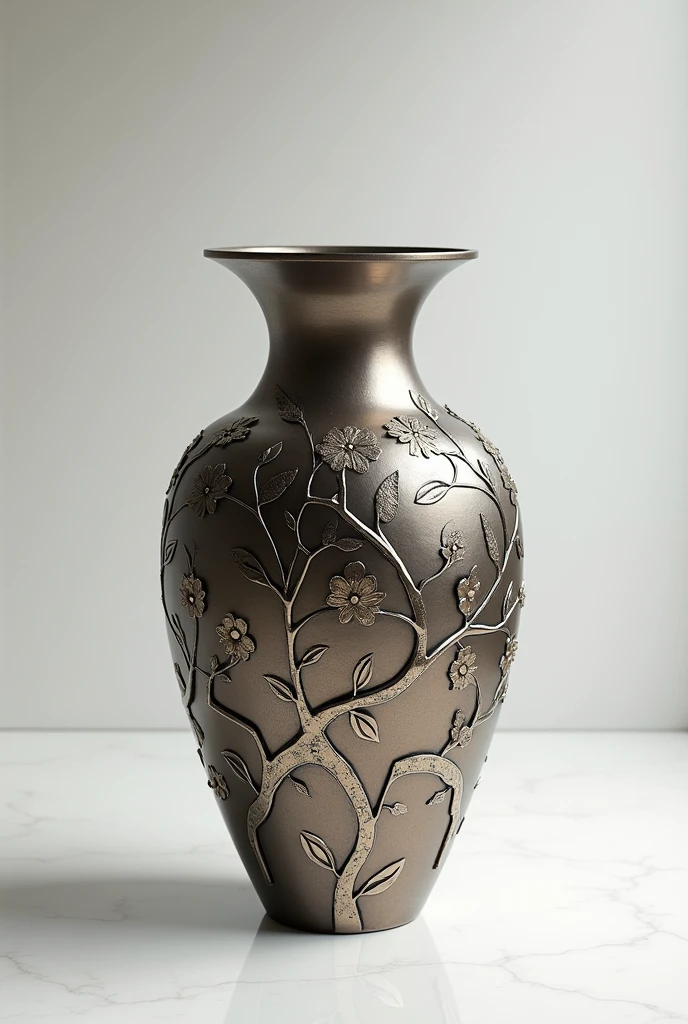 (photorealism:1.2), a pottery, made by iron, very elegant, very complecated pattern vine, flower, leaf shaped holes on surface itself, very well polished iron pottery placed in floor, static background, white background, pottery have hand