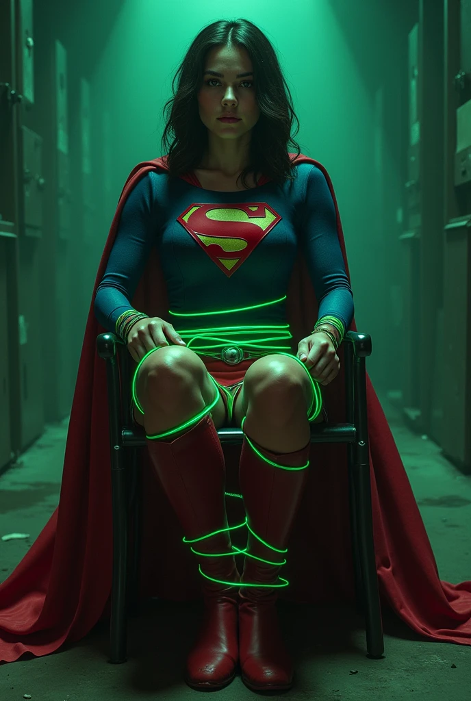 A PERIL BONDAGE SCENE WHERE A HOT SUPERGIRL WITH LONG BLACK HAIR WEARING HER ICONIC SUPERGIRL OUTFIT AND CAPE, HER HANDS, FEET AND WASTE TIED UP TO A METAL CHAIR WITH GLOWING GREEN KRYPTONITE ROPE, A BALL GAG SITS IN HER MOUTH, COMPLETELY HELPLESS. INCREDIBLE DETAILS, HYPER DETAILED IN 8K RESOLUTION, MILLIONS OF COLORS.