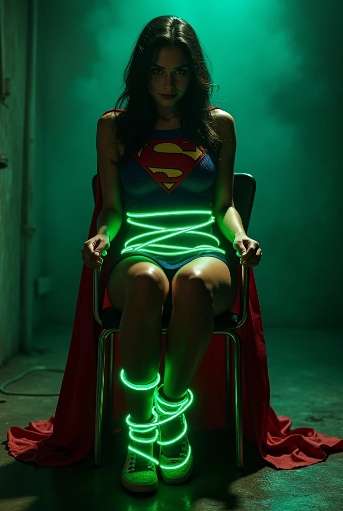 A PERIL BONDAGE SCENE WHERE A HOT SUPERGIRL WITH LONG BLACK HAIR WEARING HER ICONIC SUPERGIRL OUTFIT AND CAPE, HER HANDS, FEET AND WASTE TIED UP TO A METAL CHAIR WITH GLOWING GREEN KRYPTONITE ROPE, A BALL GAG SITS IN HER MOUTH, COMPLETELY HELPLESS. INCREDIBLE DETAILS, HYPER DETAILED IN 8K RESOLUTION, MILLIONS OF COLORS.