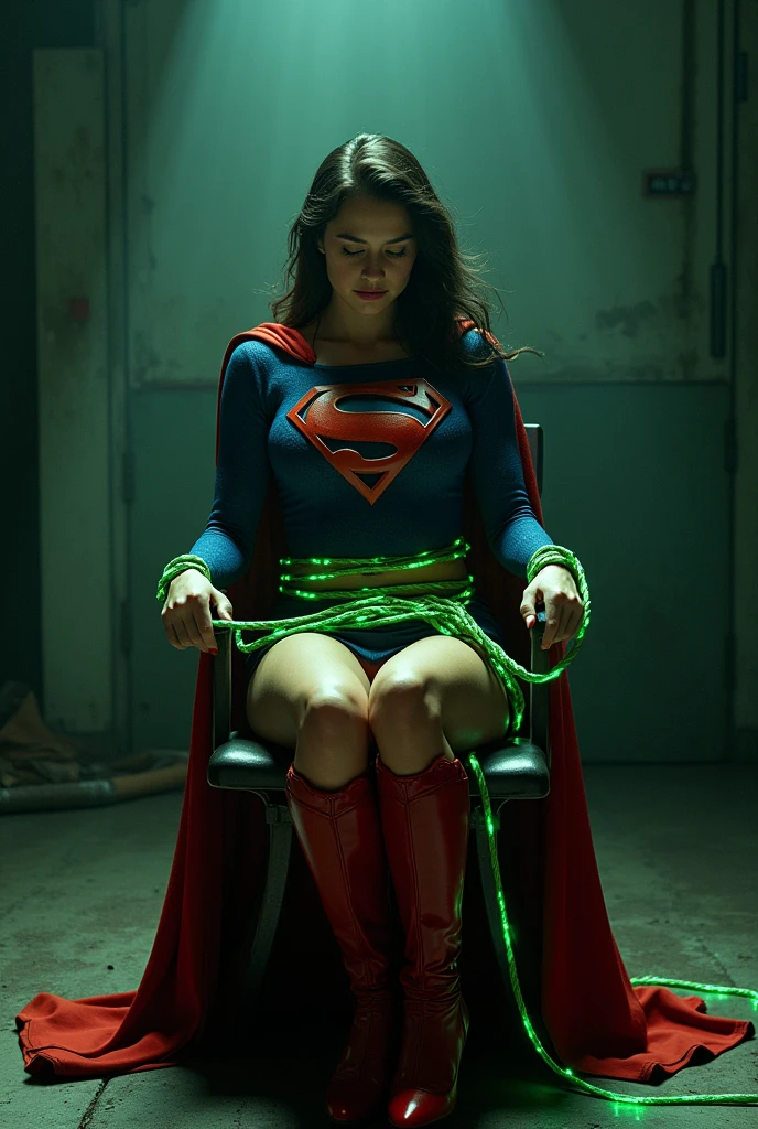 A PERIL BONDAGE SCENE WHERE A HOT SUPERGIRL WITH LONG BLACK HAIR WEARING HER ICONIC SUPERGIRL OUTFIT AND CAPE, HER HANDS, FEET AND WASTE TIED UP TO A METAL CHAIR WITH GLOWING GREEN KRYPTONITE ROPE, A BALL GAG SITS IN HER MOUTH, COMPLETELY HELPLESS. INCREDIBLE DETAILS, HYPER DETAILED IN 8K RESOLUTION, MILLIONS OF COLORS.