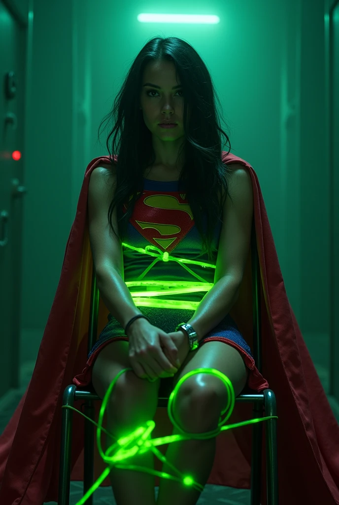 A PERIL BONDAGE SCENE WHERE A HOT SUPERGIRL WITH LONG BLACK HAIR WEARING HER ICONIC SUPERGIRL OUTFIT AND CAPE, HER HANDS, FEET AND WASTE TIED UP TO A METAL CHAIR WITH GLOWING GREEN KRYPTONITE ROPE, A BALL GAG SITS IN HER MOUTH, COMPLETELY HELPLESS. INCREDIBLE DETAILS, HYPER DETAILED IN 8K RESOLUTION, MILLIONS OF COLORS.