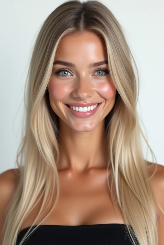 Belle fille de 20 ans, realistic, long hair, blond clair, blue eye, souriante, dent blanche, smooth hair, très realistic, cheveux très très plat, robe noir, chaussettes grises, sur fond png, mega realiste