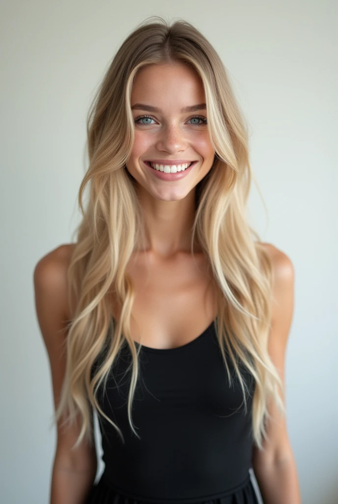 Belle fille de 20 ans, realistic, long hair, blond clair, blue eye, souriante, dent blanche, smooth hair, très realistic, cheveux très très plat, robe noir, chaussettes grises, sur fond png, mega realiste