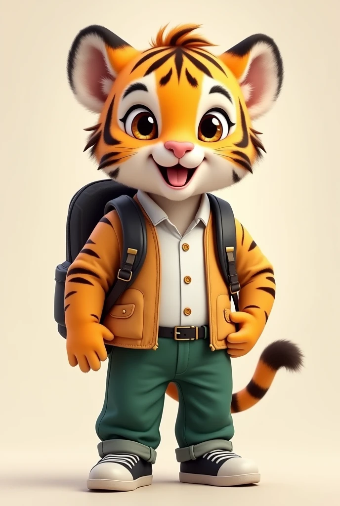 Excited baby tiger with backpack, long green pants, black shoes and white button down shirt