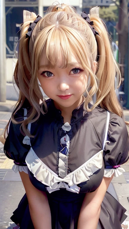 (Realistic:1.3), In detail, quality, Rembrandt Lighting, (Tabletop:1.2), (Realistic:1.2), (最高quality), (Detailed skin:1.3), (Complex詳細), dramatic, Ray Tracing, One Girl, Of Japanese, 、Big eyes、smile, Twin tails, Twin Loop Hair, Parted bangs, 2, Big ample breasts, Gothic Fashion, Gothic Fashion、Short dress, Frills, race, ribbon, Complex, (in Tokyo street, Harajuku, sunny day), Browsing Caution,