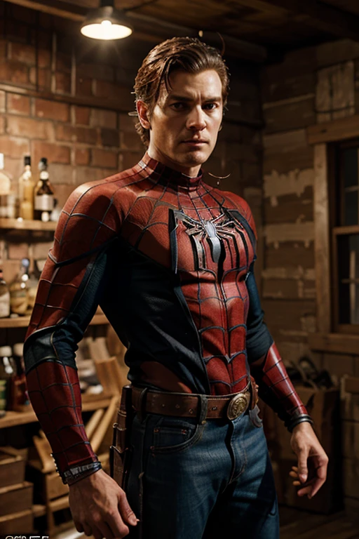Create an image of the Spider-Man character as if it were from the Wild West, cowboy style, with all the details, the suit must be appropriate for the time and must have the style of the time, detailing the clothing, seams, facial details, avoiding deformations or duplicating parts of the body, it must be a very careful image with details, include cinematic lighting and be hyper-realistic.