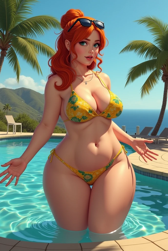 Pornstar, 4, striking ginger hair, hair in a very loose bun with lots of free wavy strands, THICC, VERY curvy body, THICK CURVY natural hourglass body shape, very pronounced hourglass body, sunglasses on her head, Tight yellow/green floral bikini, extreme cleavage, in a lounge chair by a pool, sunny day, palm trees, relaxing, view out over rolling hills to the ocean, sexy, extremely realistic rule 34 art, photorealism, hyper realistic art, staring at viewer, eye contact, initiating sex, seductive approach, sexual mannerisms, sexual poses and actions, ((((masturbating, female masturbation, fingering herself)))), Huge penis bursting out from her crotch, futanari transformation, huge futa cock bursting out of her, massive penis, shock, hands out in shock, shocked face