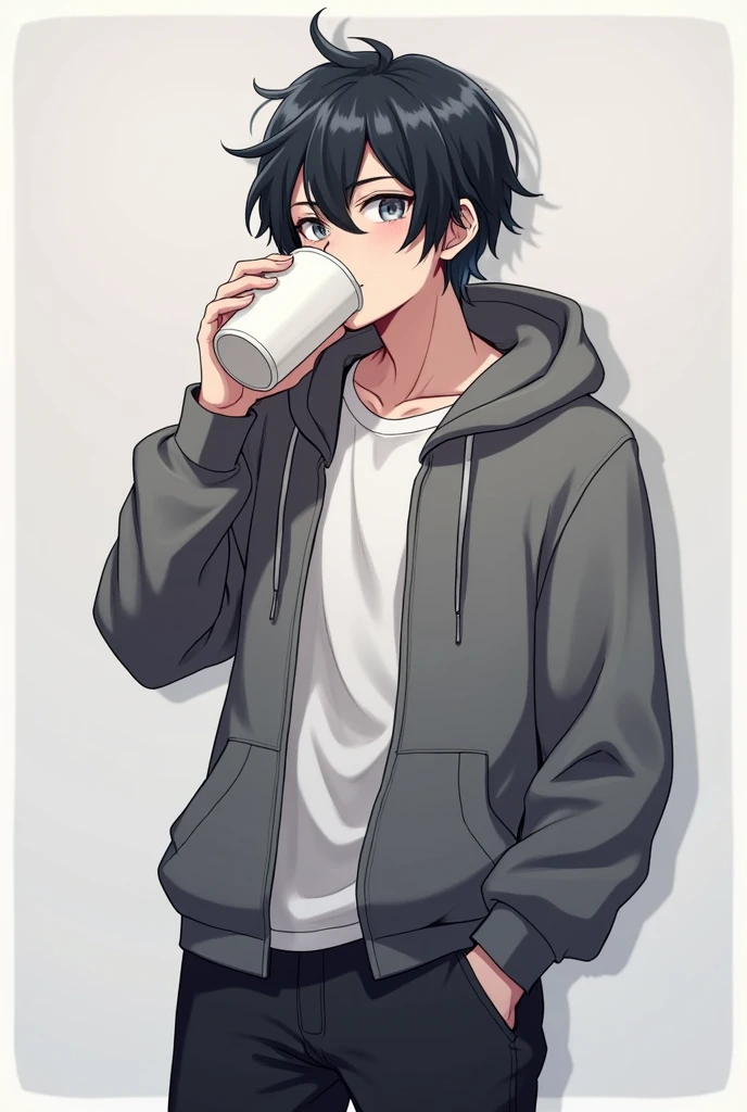 Femboy, drinking milk and the milk is coming from the top of the screen, wearing black sweatpants and a white shirt and a gray hoodie, has black hair, gray eyes, he also has a fat cock