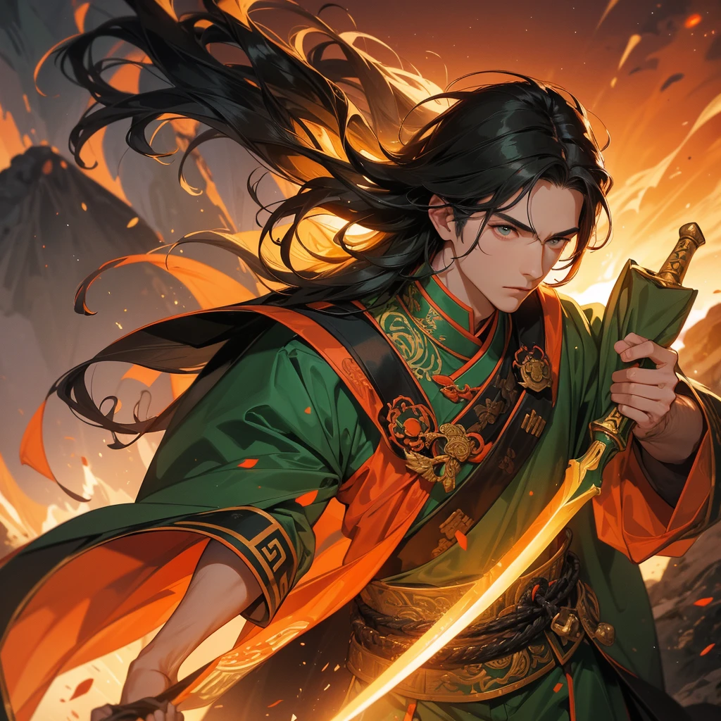 Handsome black-haired male general holding a large sword in green ancient Chinese general costume, Surrounded by a volcano erupting, red and orange, surrounded by volcanic rocks, sunset, close up.