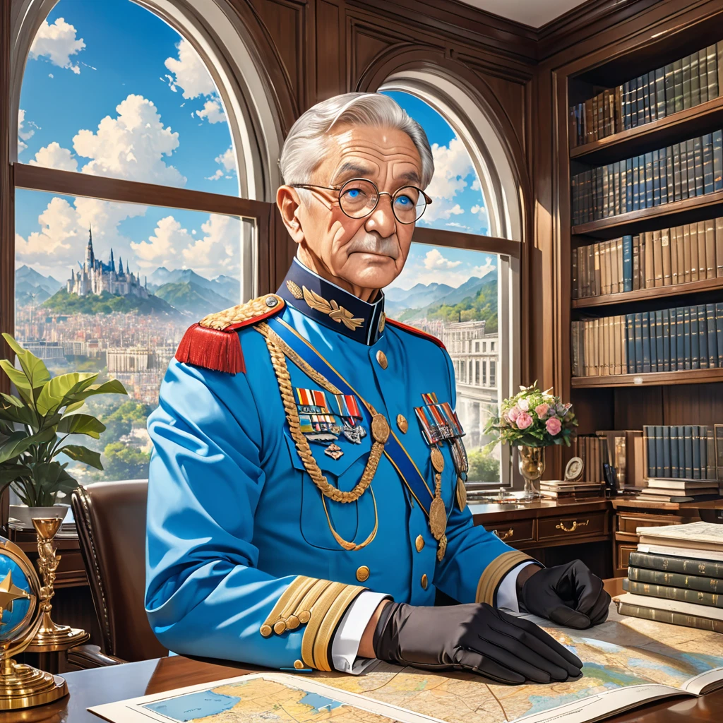 a military man Elderly, sky blue uniform, brown hair, blue eyes, circular glasses, black gloves, medals, epaulets, luxurious office, window, bookshelf, map