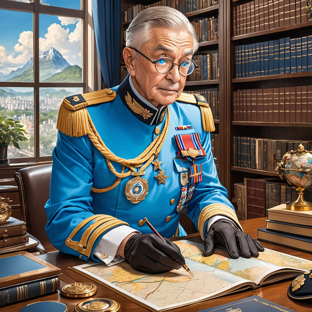 a military man Elderly, sky blue uniform, brown hair, blue eyes, circular glasses, black gloves, medals, epaulets, luxurious office, window, bookshelf, map