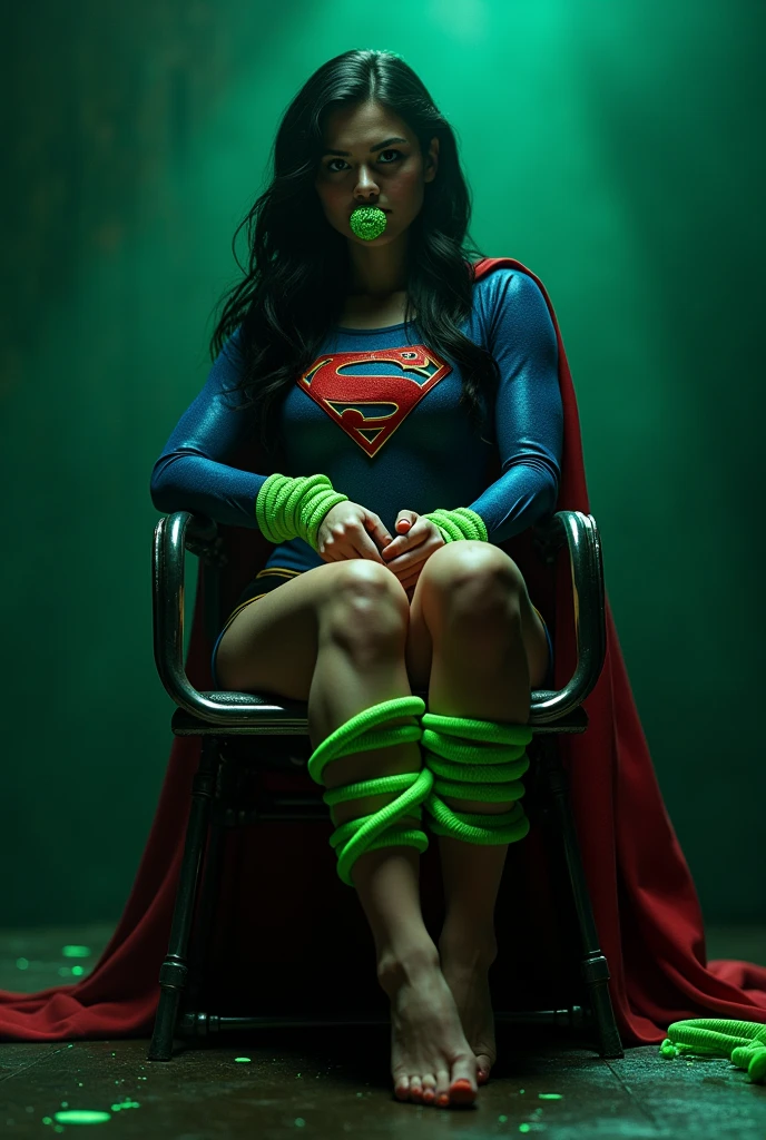A PERIL BONDAGE SCENE WHERE A HOT SUPERGIRL WITH LONG BLACK HAIR WEARING HER ICONIC SUPERGIRL OUTFIT AND CAPE, HER HANDS, FEET AND WASTE TIED UP TO A METAL CHAIR WITH GLOWING GREEN KRYPTONITE ROPE, A BALL GAG SITS IN HER MOUTH, COMPLETELY HELPLESS IN A PITCH DARK ROOM. INCREDIBLE DETAILS, HYPER DETAILED IN 8K RESOLUTION, MILLIONS OF COLORS.