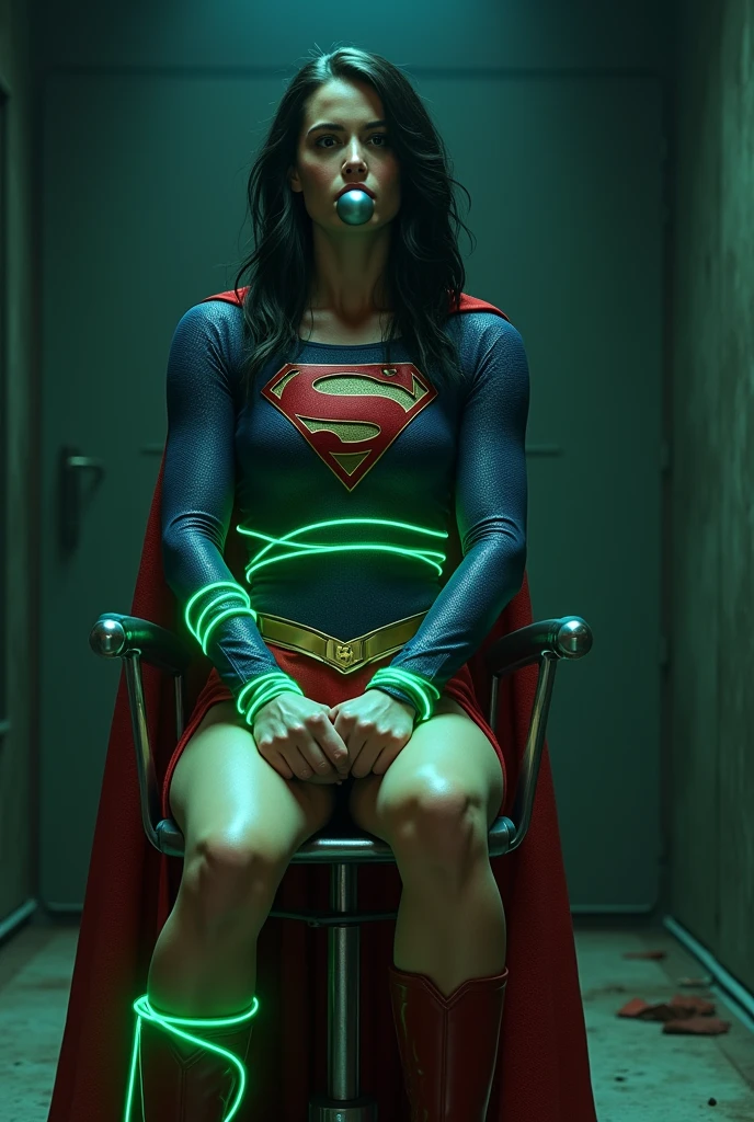 A PERIL BONDAGE SCENE WHERE A HOT SUPERGIRL WITH LONG BLACK HAIR WEARING HER ICONIC SUPERGIRL OUTFIT AND CAPE, HER HANDS, FEET AND WASTE TIED UP TO A METAL CHAIR WITH GLOWING GREEN KRYPTONITE ROPE, A BALL GAG SITS IN HER MOUTH, COMPLETELY HELPLESS IN A PITCH DARK ROOM. INCREDIBLE DETAILS, HYPER DETAILED IN 8K RESOLUTION, MILLIONS OF COLORS.