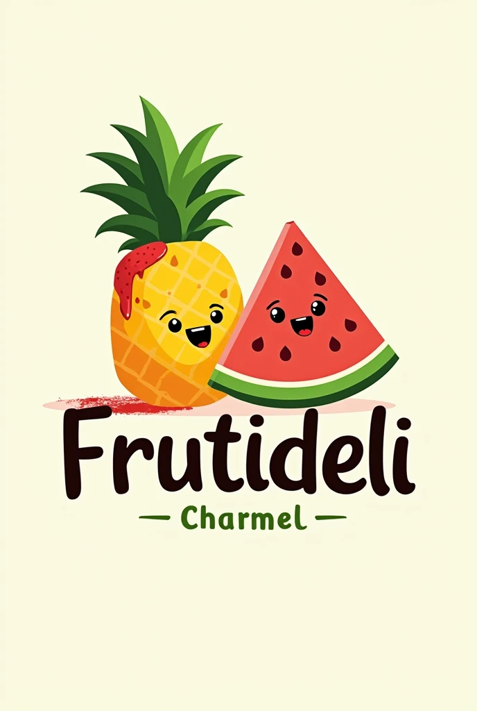 Create a logo with the name FrutiDeli with a pineapple and a watermelon with chamoy and tajin that says FrutiDeli in the middle without faces on the fruits