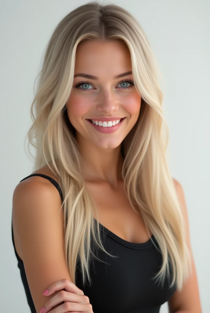 Belle fille de 20 ans, realistic, long hair, blond clair, blue eye, souriante, dent blanche, smooth hair, très realistic, cheveux très très plat, robe noir, chaussettes grises, sur fond png, mega realiste