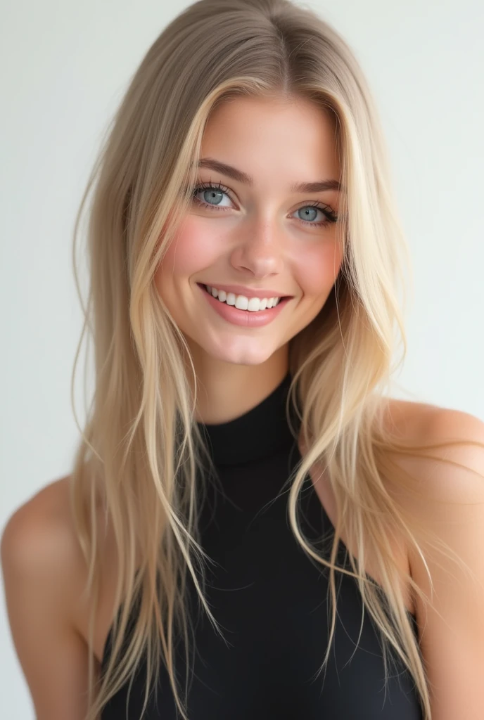 Belle fille de 20 ans, realistic, long hair, blond clair, blue eye, souriante, dent blanche, smooth hair, très realistic, cheveux très très plat, robe noir, chaussettes grises, sur fond png, mega realiste