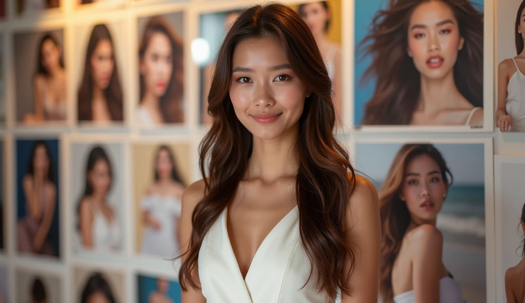 high quality, 8k, Ultra detailed, hdr, human only,
highest quality, masterpiece, High resolution, 
Photoreal, RAW photo, 8k wallpaper, perfection, 
professional lighting, very detailed, Depth of the bounds written,
A beautiful young Thai woman with long brown hair, orgasm, huge smile
portrait soft low light, gorgeous face portrait, very pretty face, large eyes
wearing an elegant white dress and subtle makeup, 
stands in front of photos on the wall at Fashion Week. 
She is smiling for the camera. She has big eyes and full lips, 
and her skin looks very fair and flawless. 
She poses next to magazine cutouts of female models, who are also posing