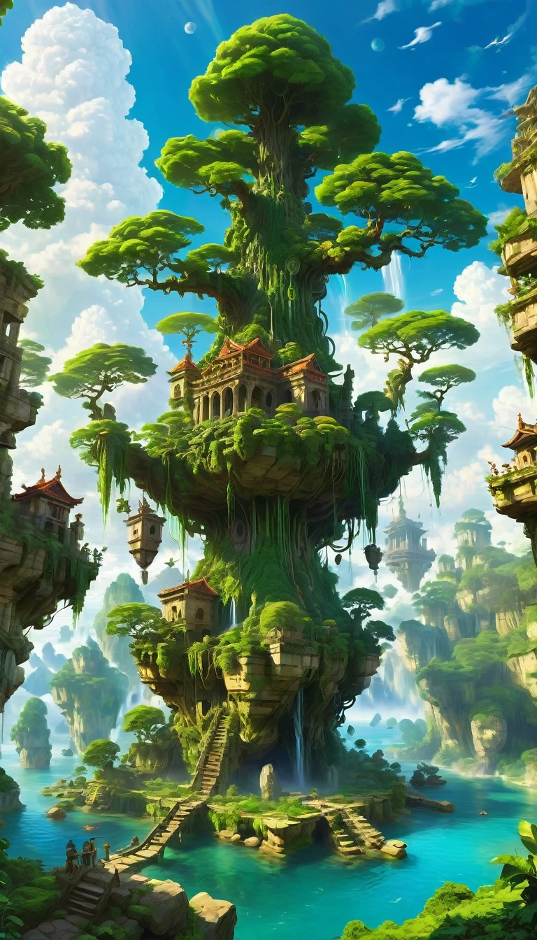 "A large, floating island in the sky, inspired by Studio Ghibli's Laputa. The island is lush with greenery, ancient stone ruins, and a massive, mystical tree at its center. The structures are overgrown with vines and moss, giving a sense of ancient civilization. The island is supported by a network of mechanical systems, including large propellers or engines that keep it afloat. The scene is set against a bright blue sky with clouds, giving a magical and adventurous atmosphere. The overall feel should be whimsical, with detailed textures and a mix of nature and ancient technology."

