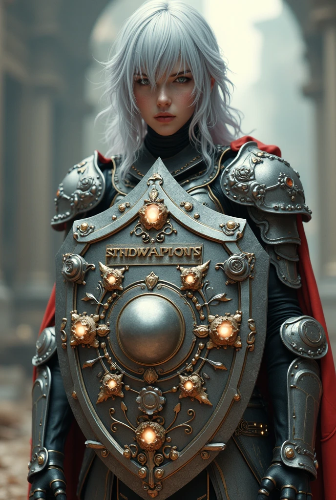 Surreal　Very detailed　Ultra Fantasy　Ultimate Details　Ultra-high resolution　8K 32k 3D 　Clear Eyes　Silver髪　　In his left hand he holds a magnificent medieval shield　mechanical engineering　Mechanic Art　Girl　Shield【Roses】The name plate is included.　intricate and elaborate design, money, Silver　Dynamic pose　Robotics　Cinema Lighting　