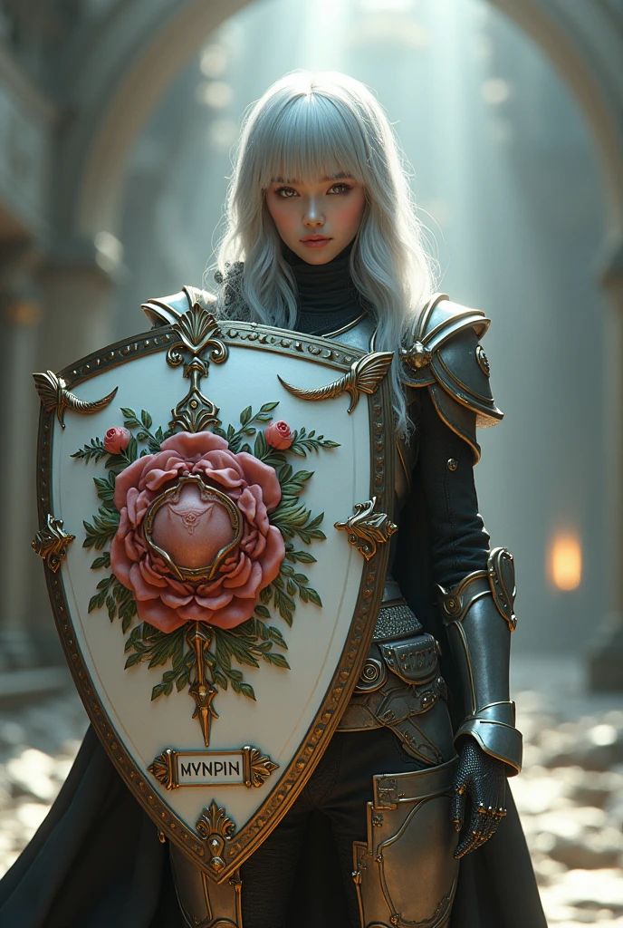 Surreal Very detailed Ultra Fantasy Ultimate Details Ultra-high resolution 8K 32k 3D Clear Eyes Silver髪 In his left hand he holds a magnificent medieval shield mechanical engineering Mechanic Art Girl Shield【Roses】The name plate is included. intricate and elaborate design, money, Silver Dynamic pose Robotics Cinema Lighting