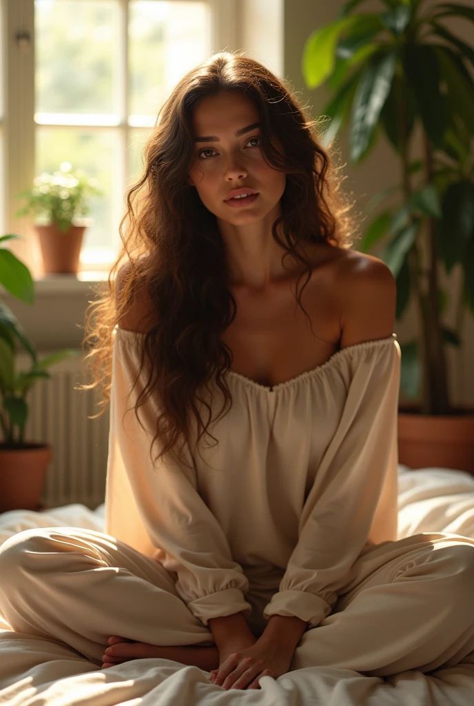 (photorealism:1.2), beautiful woman, sitting on bed, wearing loose off-shoulder top, pajama pants, long curly hair, indoors, soft lighting, plants in background, window with sunlight, cozy room, relaxed pose, realistic, intricate details, warm colors, by Greg Rutkowski, by Alphonse Mucha