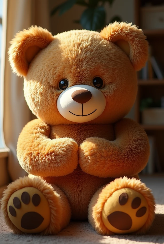 A giant teddy bear, realisitic, with soft, shiny golden brown fur, expressive brown eyes and a gentle smile. High quality embroidery details in gold tones on its ears and paws. He is sitting comfortably, With hands folded over his chest, transmitting a feeling of security and welcome. Estilo realisitic, with soft lighting and a cozy atmosphere.