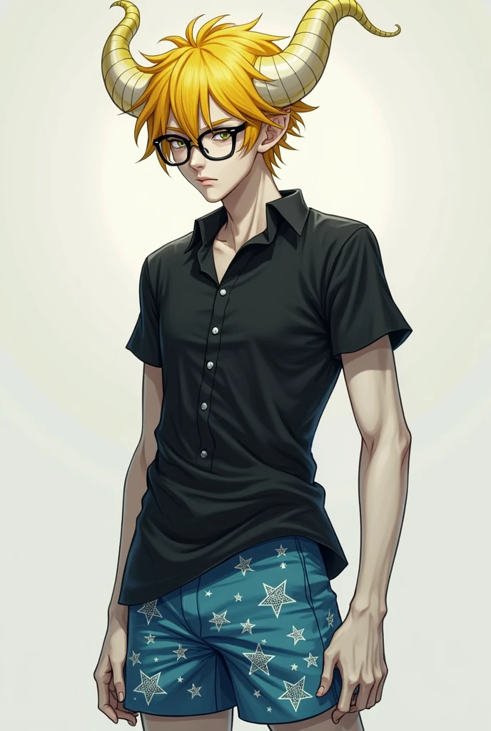 Person with white skin, yellow horns with white color and short yellow hair and blue shorts and with many stars on the pants and black shirt, male character and with black glasses 