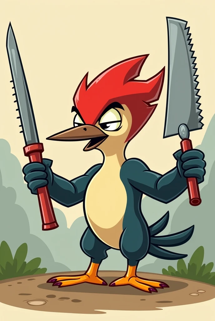 cartoon of woodpecker holding a hatchet and a saw

