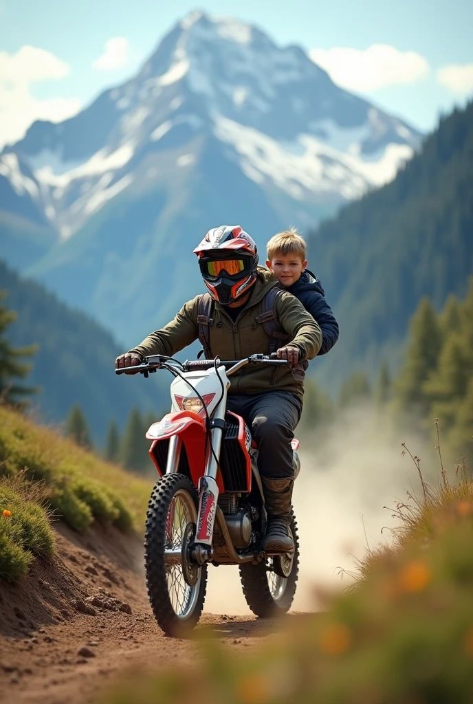 Motocross dad and 6 year old son On the mountain