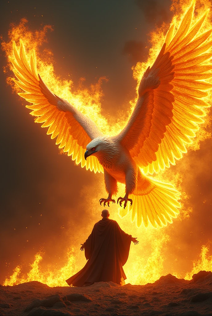 Image of a golden-winged eagle burning a religious man in black alive